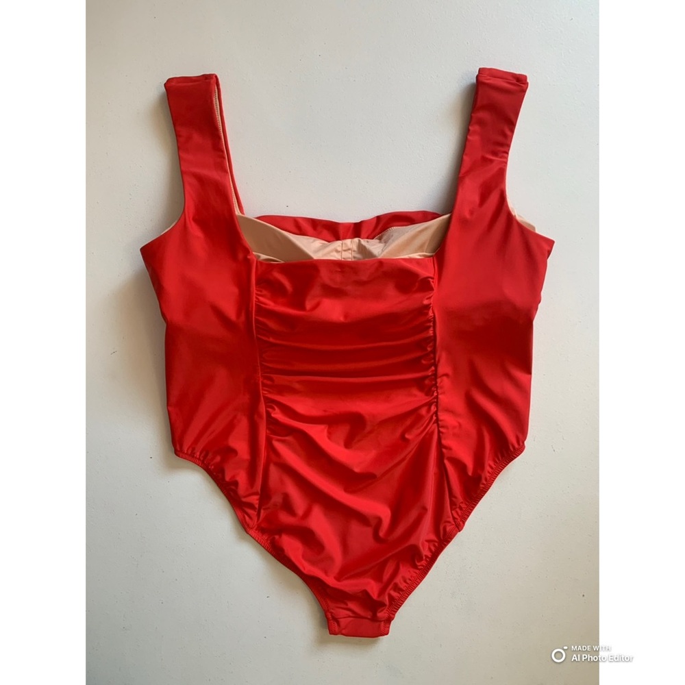 J Crew Red Ruched Squareneck One Piece Swimsuit Size 24 NWT - Picture 6 of 17